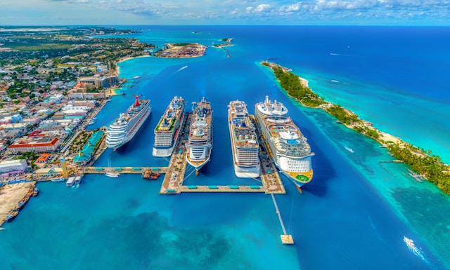 Aerial view of cruise ships at tropical port